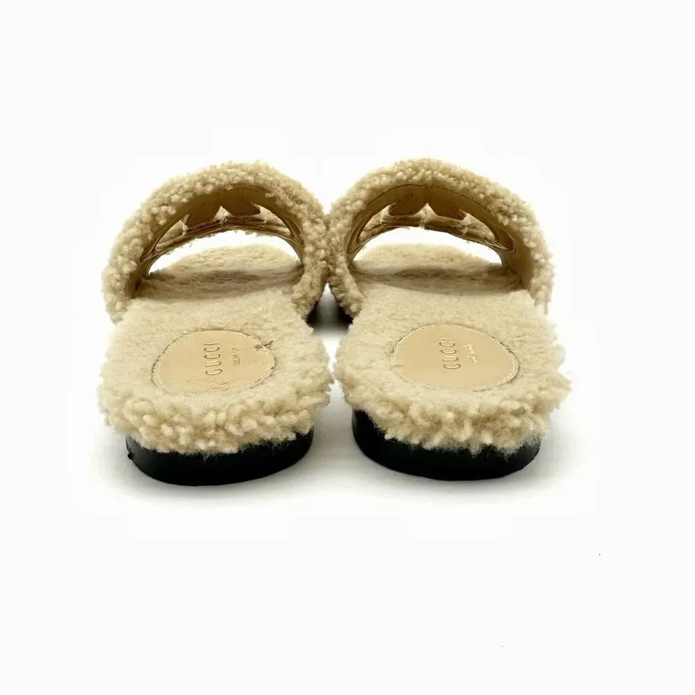 GUCCI Wool Shearling Fur GG Sandal Mule 37.5 Interlocking GG Logo Slip On Slide